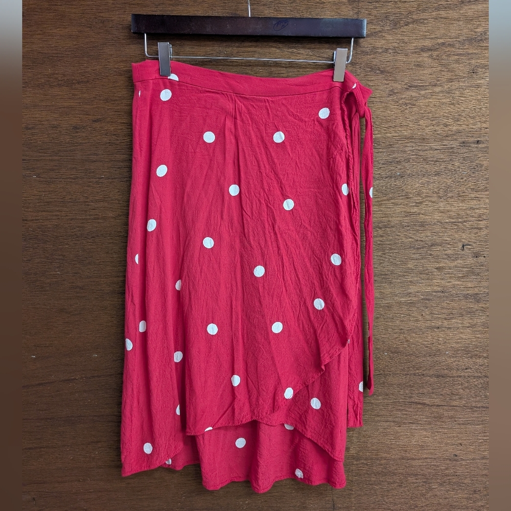 LOFT Soft Red and White Polka Dot Asymmetrical Wrap Midi Skirt